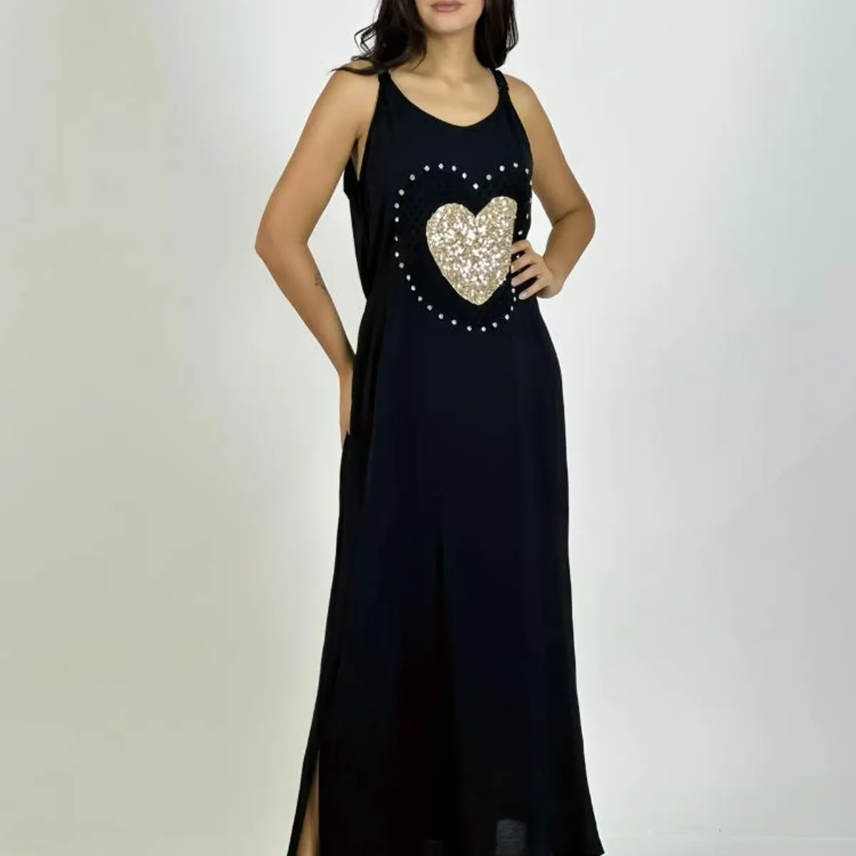 ENIGMATICA BOUTIQUE - Vestido Lino Corazón Doble Tejido y Brillos