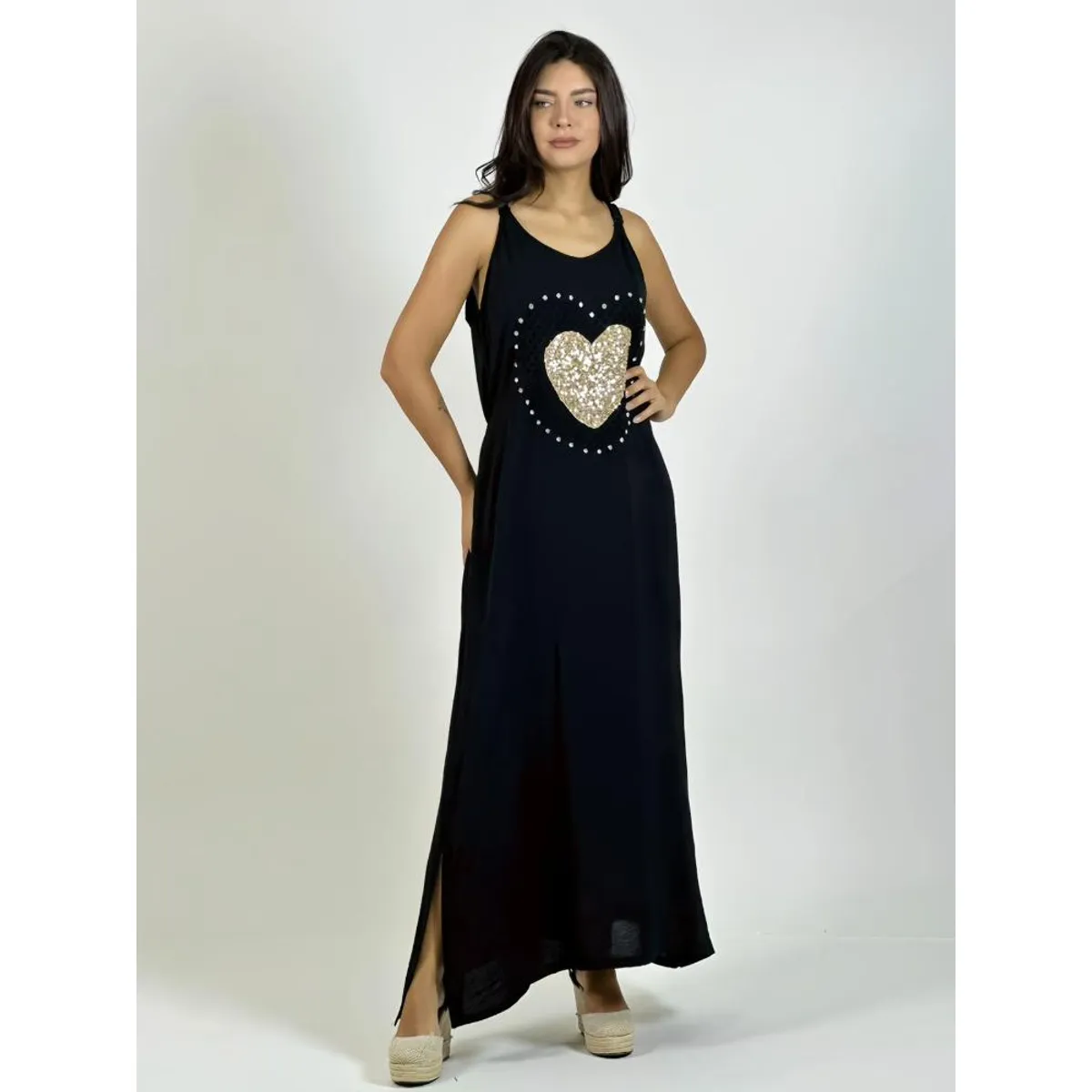 ENIGMATICA BOUTIQUE - Vestido Lino Corazón Doble Tejido y Brillos