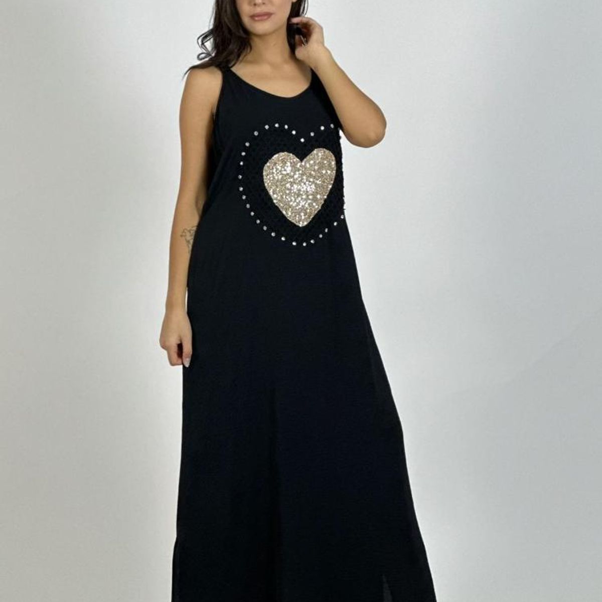 ENIGMATICA BOUTIQUE - Vestido Lino Corazón Doble Tejido y Brillos