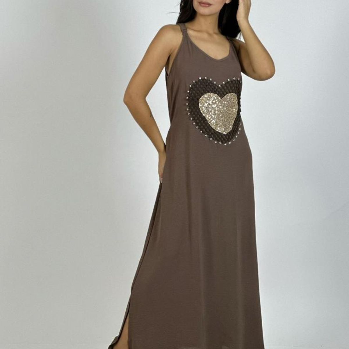 ENIGMATICA BOUTIQUE - Vestido Lino Corazón Doble Tejido y Brillos