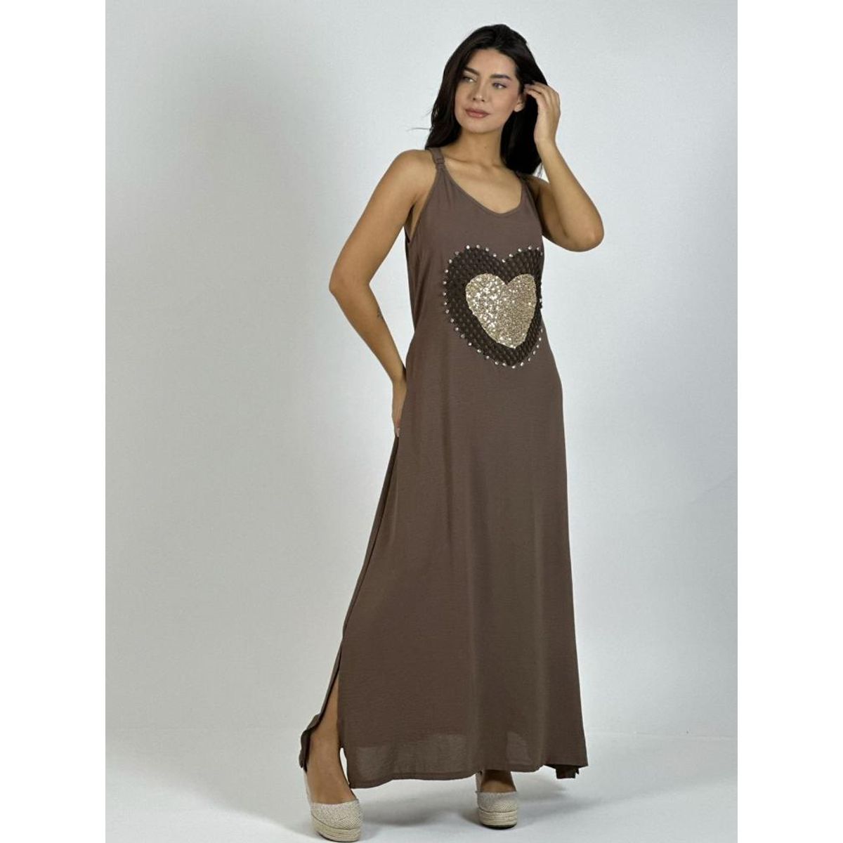 ENIGMATICA BOUTIQUE - Vestido Lino Corazón Doble Tejido y Brillos