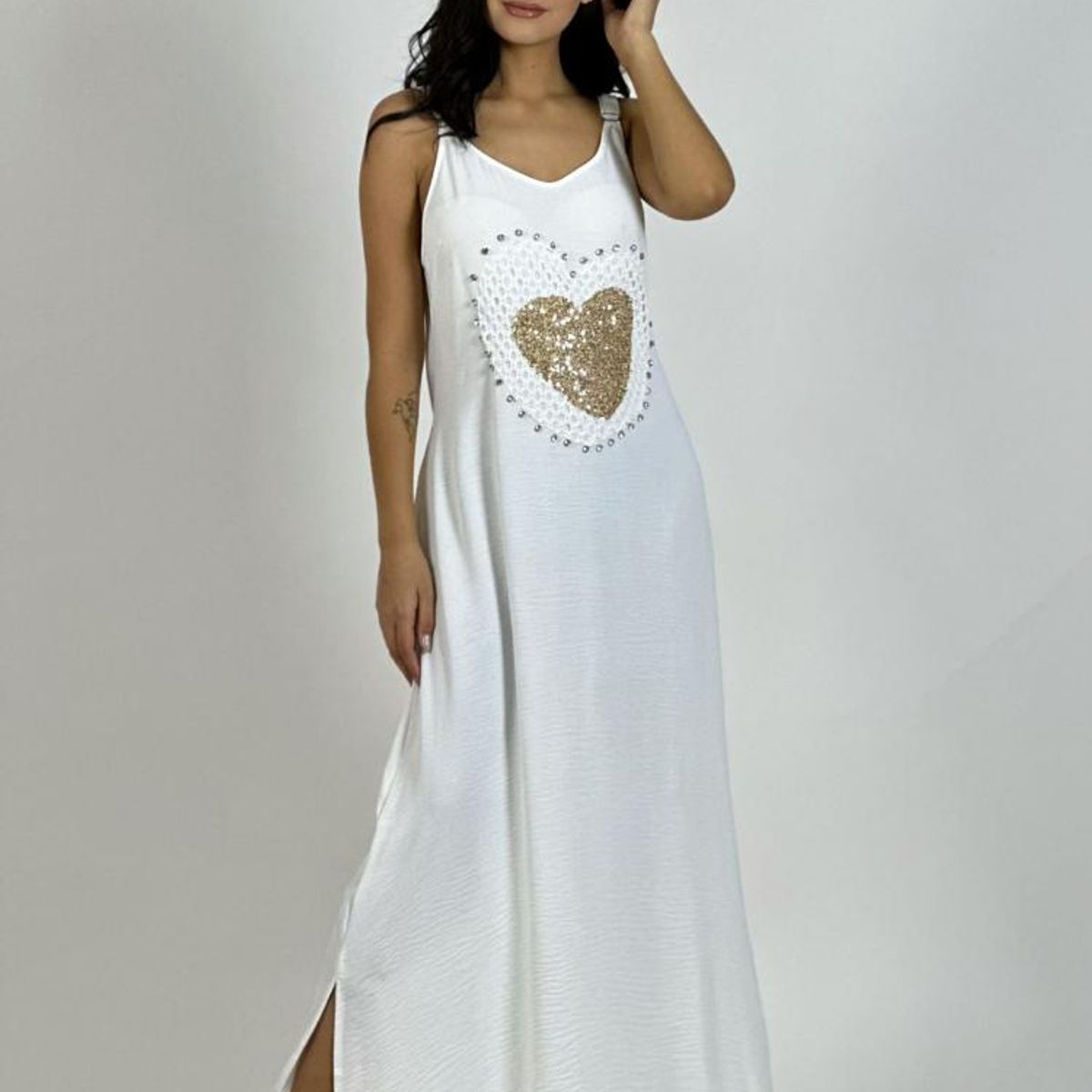 ENIGMATICA BOUTIQUE - Vestido Lino Corazón Doble Tejido y Brillos