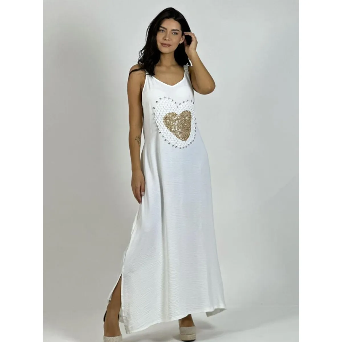 ENIGMATICA BOUTIQUE - Vestido Lino Corazón Doble Tejido y Brillos