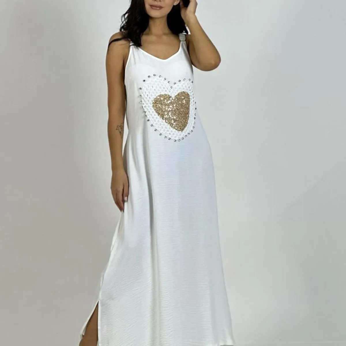 ENIGMATICA BOUTIQUE - Vestido Lino Corazón Doble Tejido y Brillos