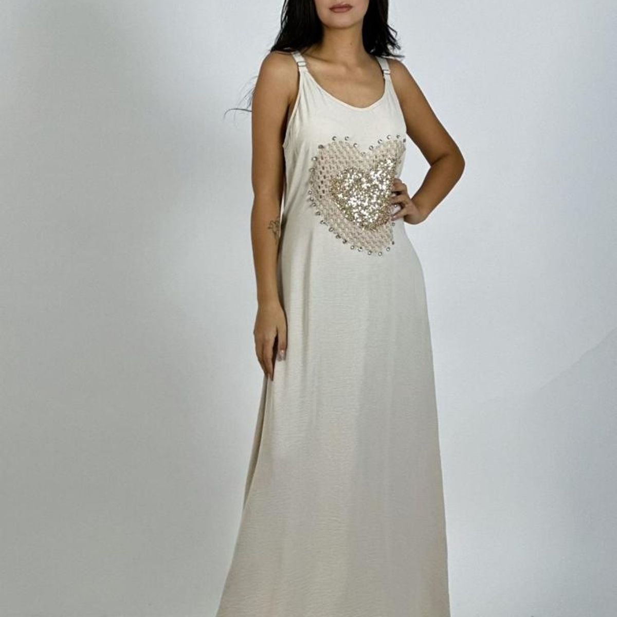 ENIGMATICA BOUTIQUE - Vestido Lino Corazón Doble Tejido y Brillos