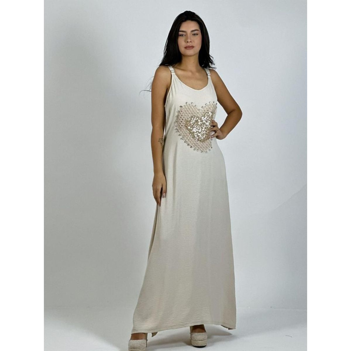 ENIGMATICA BOUTIQUE - Vestido Lino Corazón Doble Tejido y Brillos