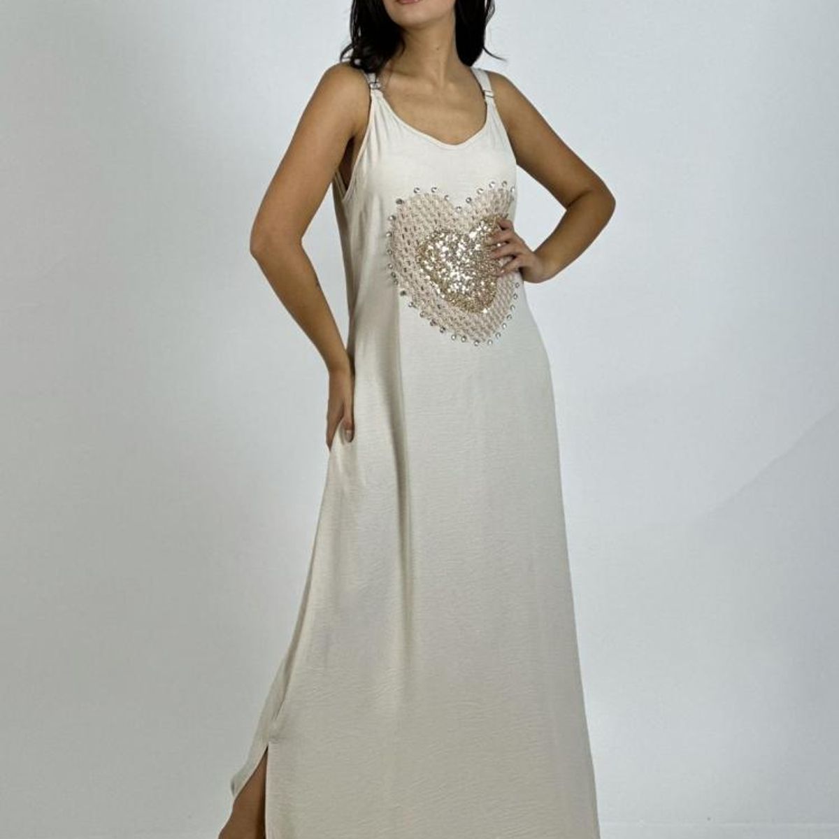 ENIGMATICA BOUTIQUE - Vestido Lino Corazón Doble Tejido y Brillos