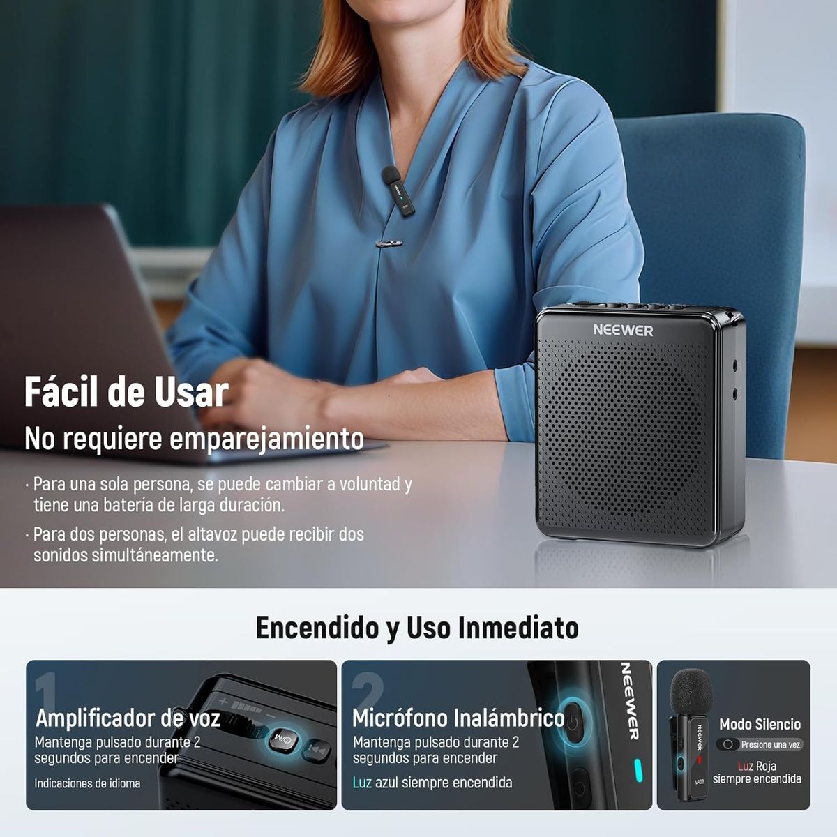 NEEWER - VA02 Amplificador Voz con Micrófono 24G Altavoz Portátil Recargable Cancelar Ruido Megáfono