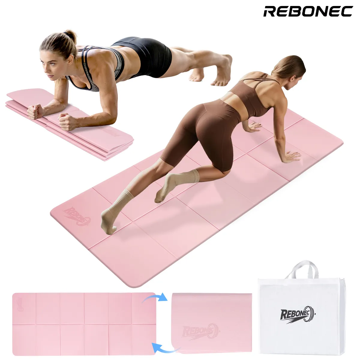 REBONEC - Colchoneta Mat Yoga Deportiva Plegable TPE Grueso 8mm Bolso Rosa
