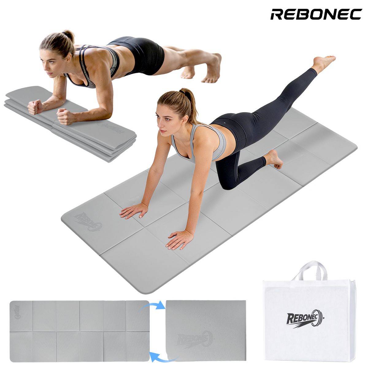 REBONEC - Colchoneta Mat Yoga Deportiva Plegable TPE Grueso 8mm Bolso Gris