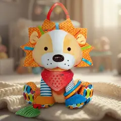 JUMP KIDS - Juguete Peluche Animales Sensorial Con Mordedor Y Sonajero Diseño León Niña y Niño