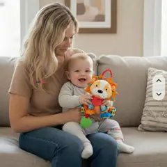 JUMP KIDS - Juguete Peluche Animales Sensorial Con Mordedor Y Sonajero Diseño León Niña y Niño
