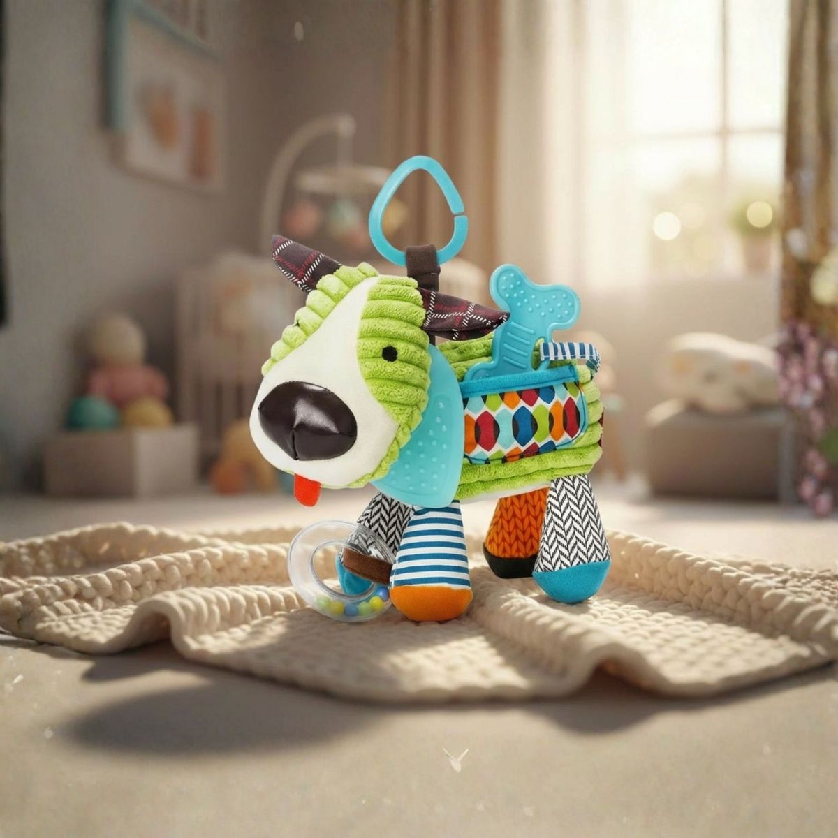 JUMP KIDS - Juguete Peluche Animales Sensorial Con Mordedor Y Sonajero Diseño Perrito Niña y Niño
