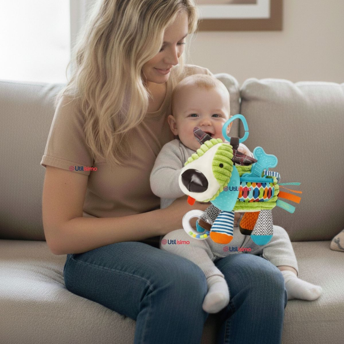 JUMP KIDS - Juguete Peluche Animales Sensorial Con Mordedor Y Sonajero Diseño Perrito Niña y Niño