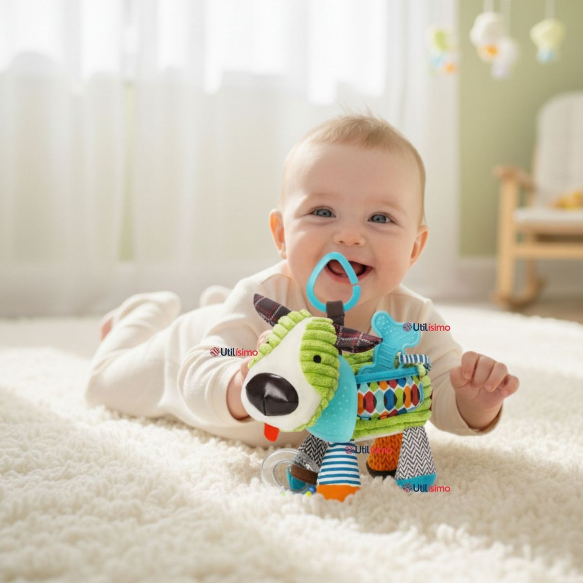 JUMP KIDS - Juguete Peluche Animales Sensorial Con Mordedor Y Sonajero Diseño Perrito Niña y Niño