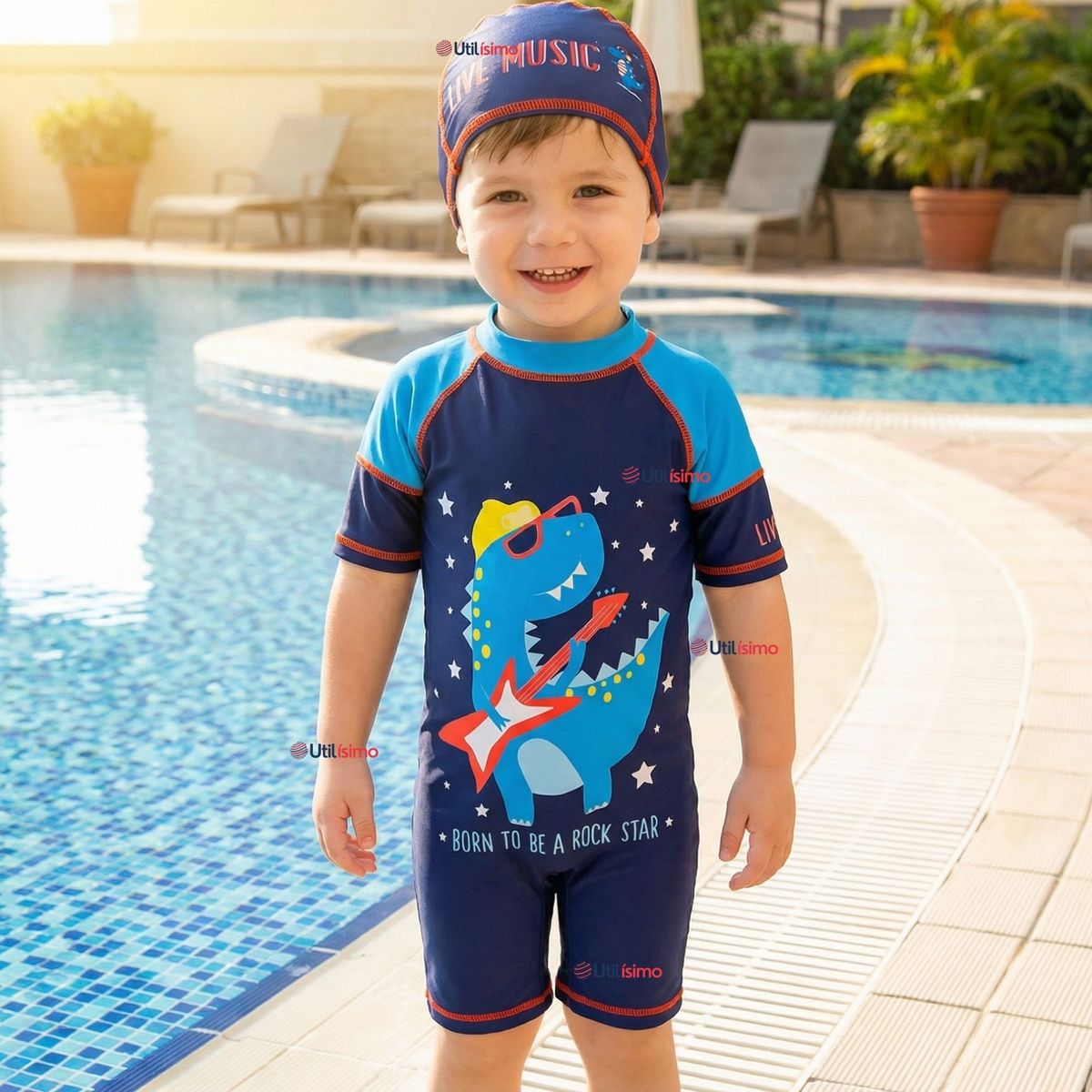 JUMP KIDS - Traje de Baño Enterito Manga Corta Cremallera Con Gorro Niño 2 a 4 años Blue Dinosaur