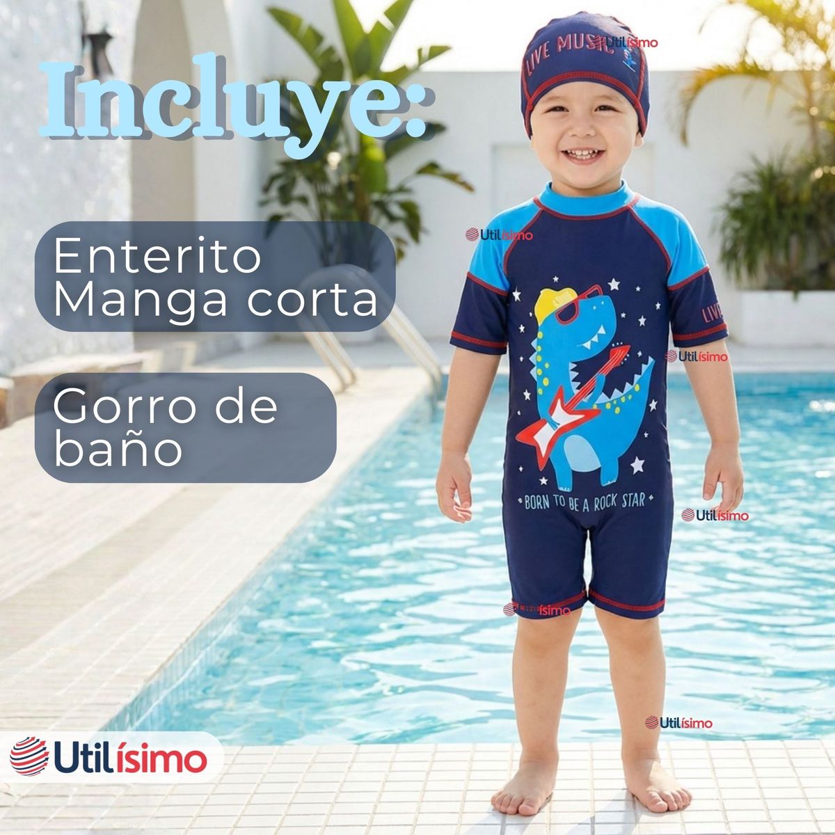 JUMP KIDS - Traje de Baño Enterito Manga Corta Cremallera Con Gorro Niño 2 a 4 años Blue Dinosaur
