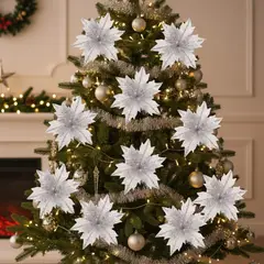 MIRO - Flores artificiales árbol navidad 33cm plateada 10 uds