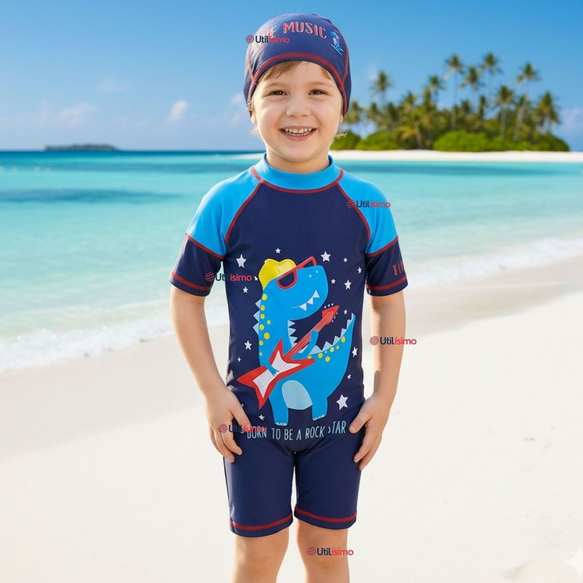 JUMP KIDS - Traje de Baño Enterito Manga Corta Cremallera Con Gorro Niño 2 a 4 años Blue Dinosaur