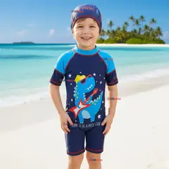 JUMP KIDS - Traje de Baño Enterito Manga Corta Cremallera Con Gorro Niño 2 a 4 años Blue Dinosaur