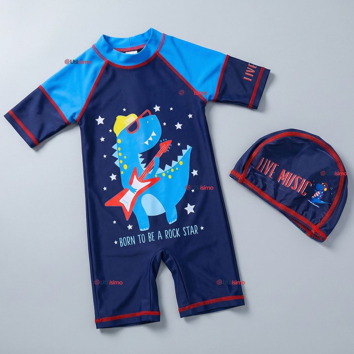 JUMP KIDS - Traje de Baño Enterito Manga Corta Cremallera Con Gorro Niño 2 a 4 años Blue Dinosaur