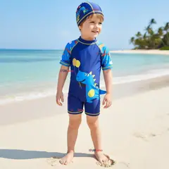 JUMP KIDS - Traje de Baño Enterito Manga Corta Cremallera conGorro Niño 2 a 4 años Blue Dinosaur