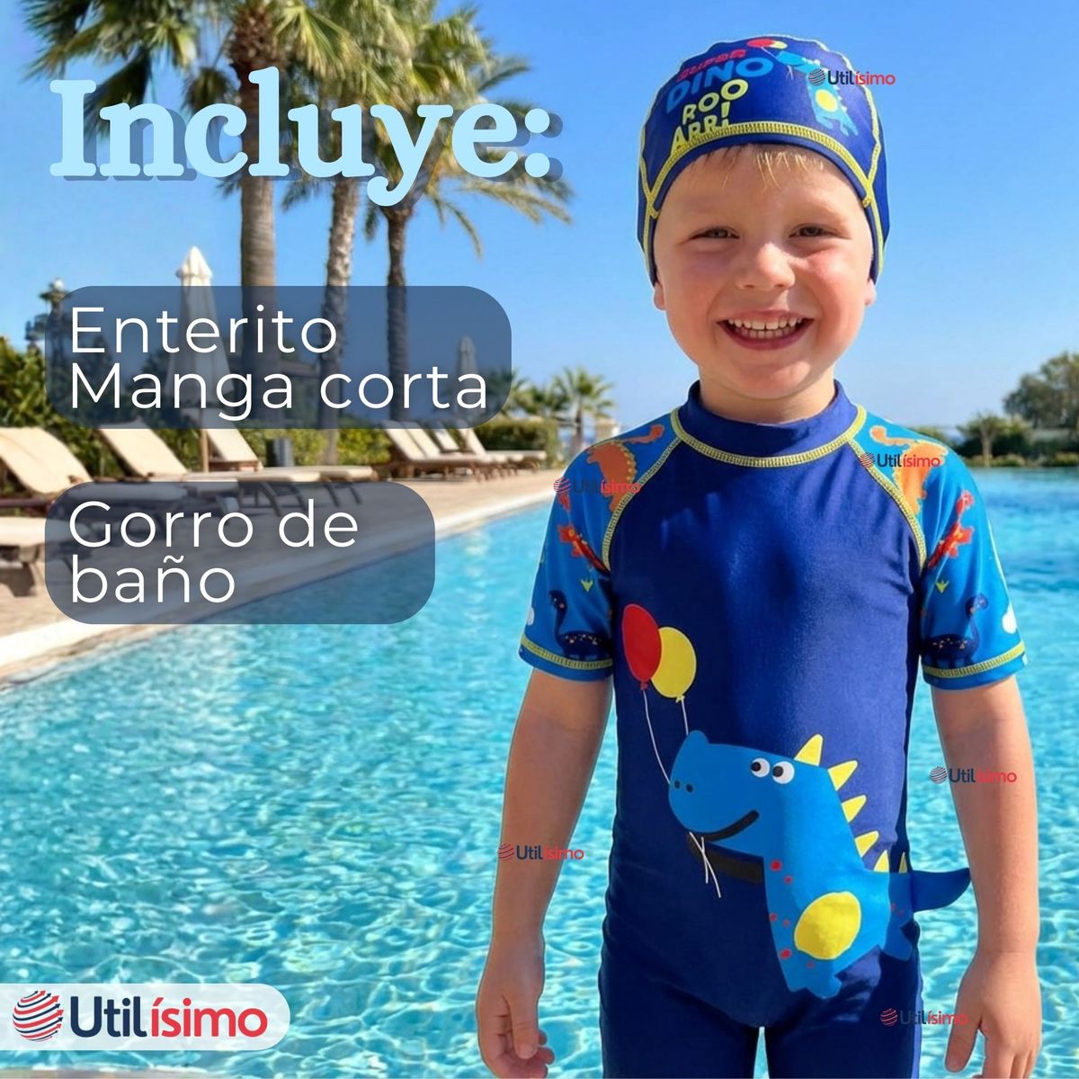 JUMP KIDS - Traje de Baño Enterito Manga Corta Cremallera conGorro Niño 2 a 4 años Blue Dinosaur