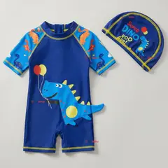 JUMP KIDS - Traje de Baño Enterito Manga Corta Cremallera Con Gorro Niño 2 a 4 años Blue Dinosaur