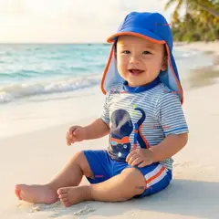 JUMP KIDS - Traje de Baño Con Gorro Pantalón Corto Manga Corta 3 Piezas Corte Split Niño 1 a 5 años Blue Octopus