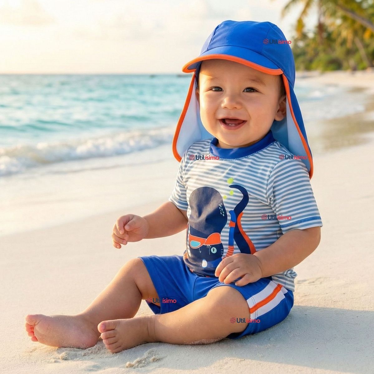 JUMP KIDS - Traje de Baño Con Gorro Pantalón Corto Manga Corta 3 Piezas Corte Split Niño 1 a 5 años Blue Octopus