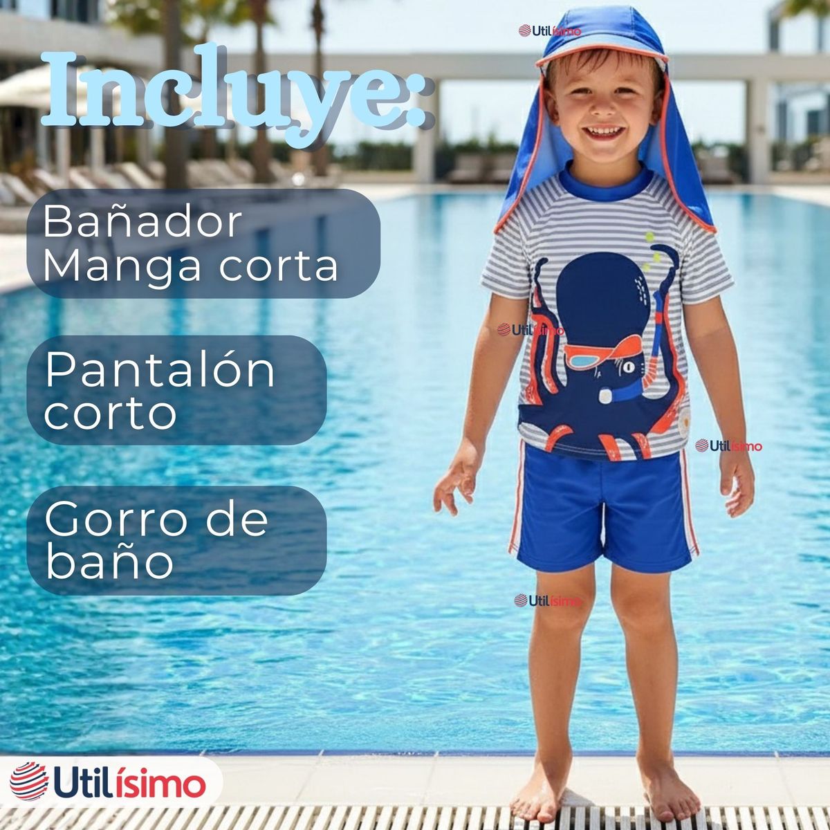 JUMP KIDS - Traje de Baño Con Gorro Pantalón Corto Manga Corta 3 Piezas Corte Split Niño 1 a 5 años Blue Octopus