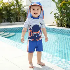 JUMP KIDS - Traje de Baño Con Gorro Pantalón Corto Manga Corta 3 Piezas Corte Split Niño 1 a 5 años Blue Octopus