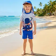 JUMP KIDS - Traje de Baño Con Gorro Pantalón Corto Manga Corta 3 Piezas Corte Split Niño 1 a 5 años Blue Octopus