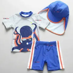 JUMP KIDS - Traje de Baño Con Gorro Pantalón Corto Manga Corta 3 Piezas Corte Split Niño 1 a 5 años Blue Octopus