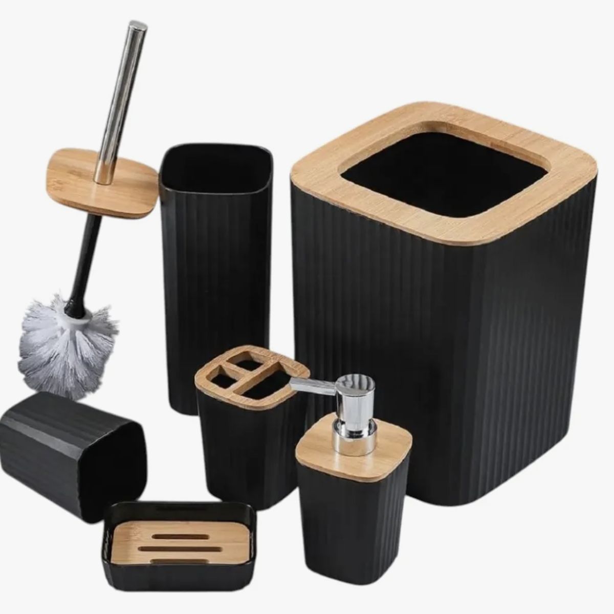 OKAY - Set 6 Completo Baño Bambu Plastico Cesto Dispenser Escobilla