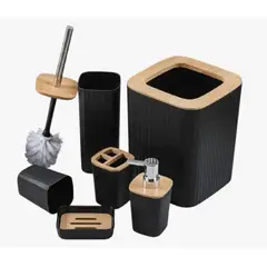 OKAY - Set 6 Completo Baño Bambu Plastico Cesto Dispenser Escobilla