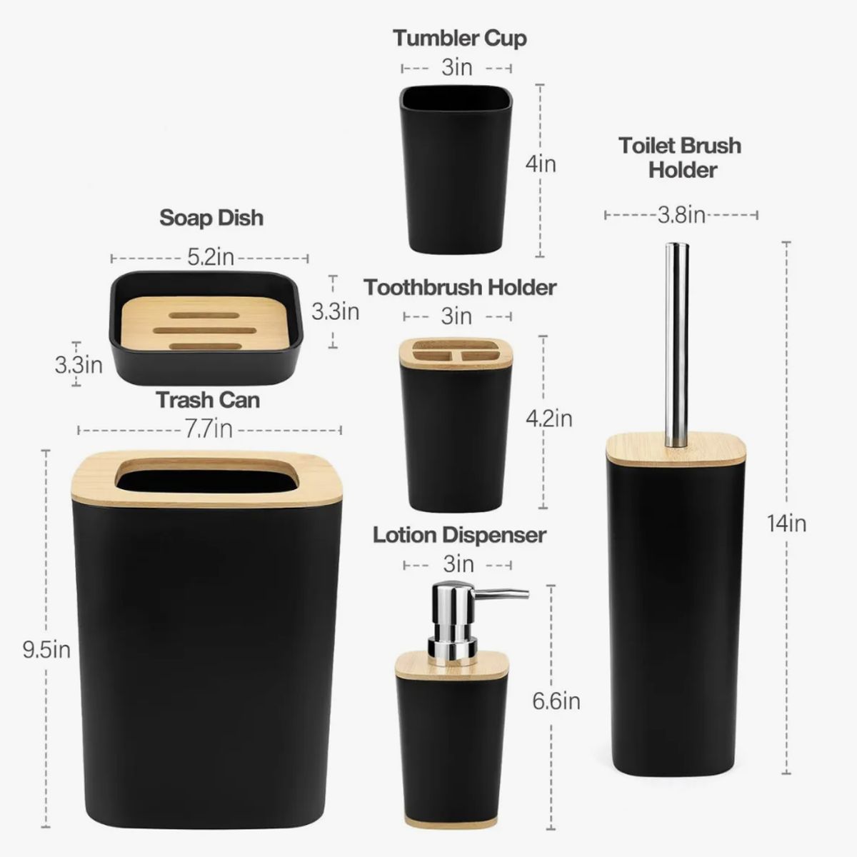 OKAY - Set 6 Completo Baño Bambu Plastico Cesto Dispenser Escobilla