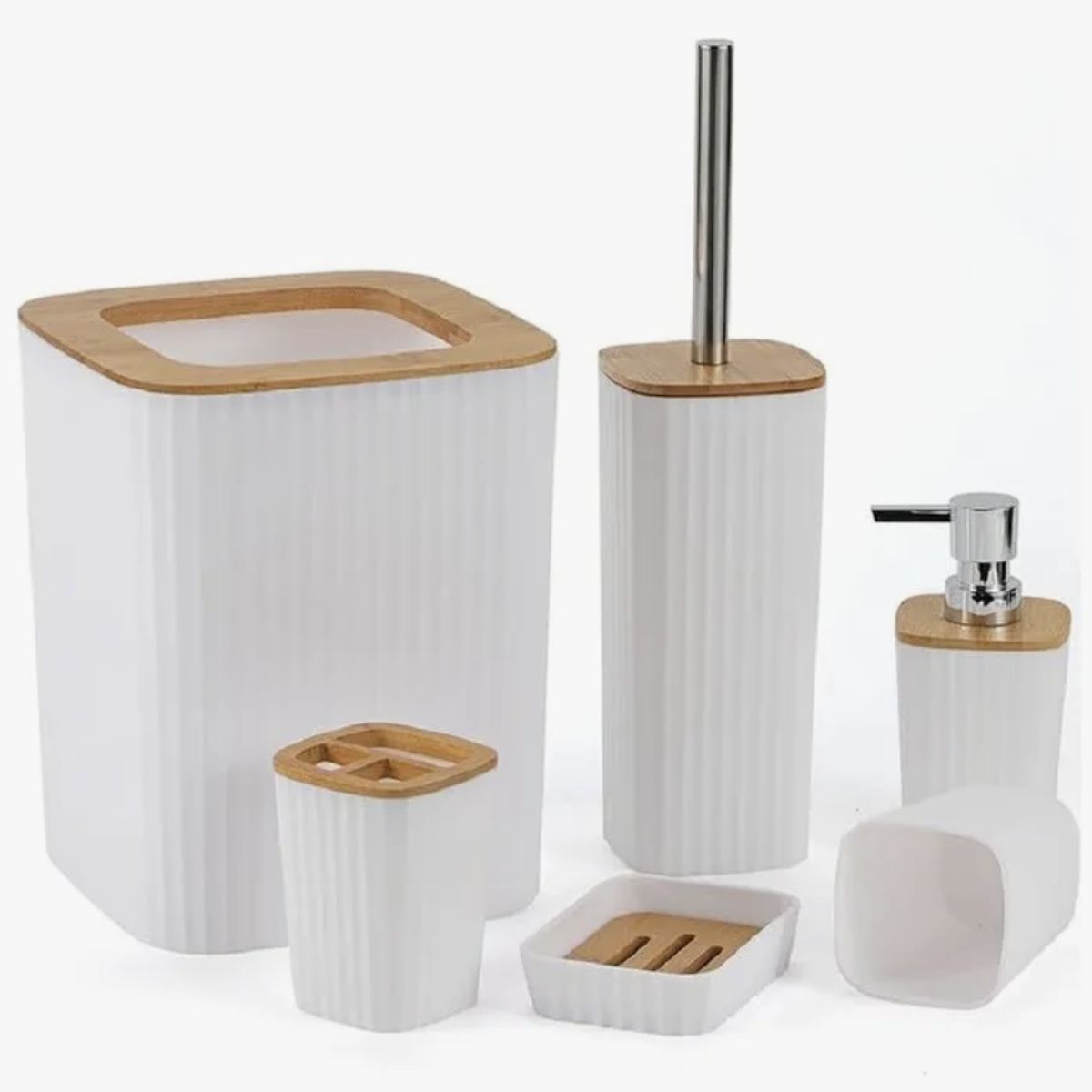 OKAY - Set 6 Completo Baño Bambu Plastico Cesto Dispenser Escobilla