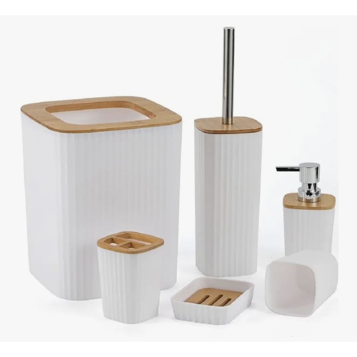 OKAY - Set 6 Completo Baño Bambu Plastico Cesto Dispenser Escobilla