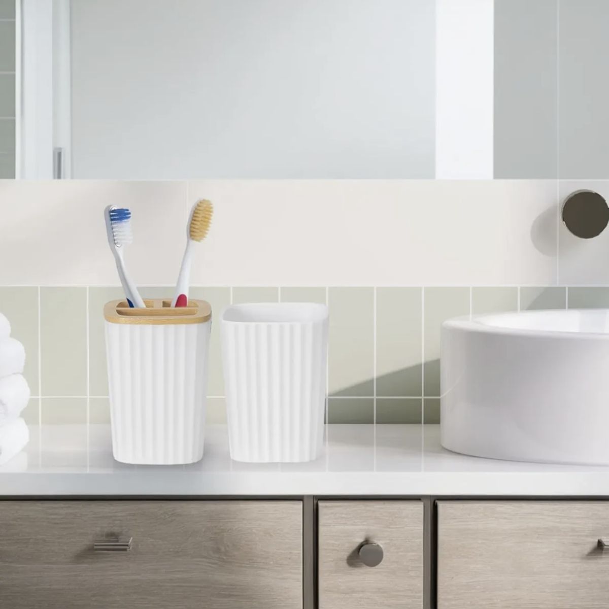OKAY - Set 6 Completo Baño Bambu Plastico Cesto Dispenser Escobilla