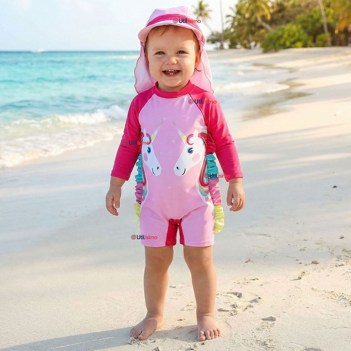 JUMP KIDS - Traje de Baño Enterito Cremallera Manga Larga Con Gorro Niña 1 a 5 años Pink Unicorn