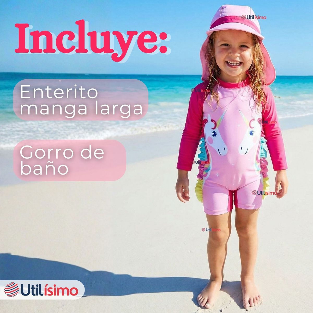 JUMP KIDS - Traje de Baño Enterito Cremallera Manga Larga Con Gorro Niña 1 a 5 años Pink Unicorn