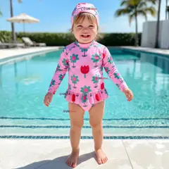 JUMP KIDS - Traje de Baño Enterito Cremallera Manga Larga Con Gorro Niña 1 a 6 años Pink Flowers