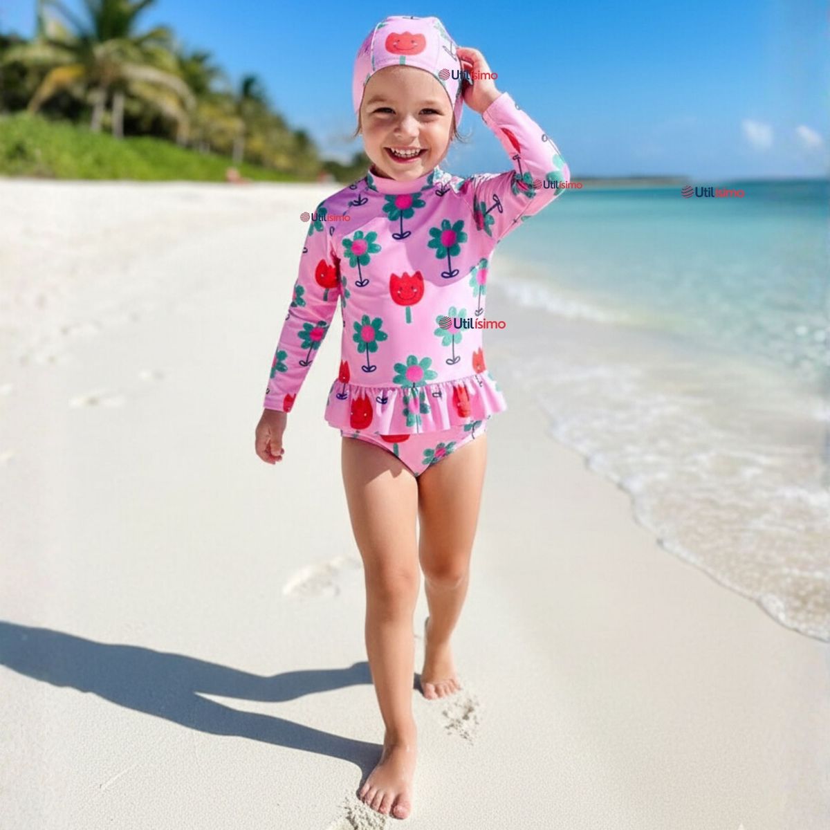 JUMP KIDS - Traje de Baño Enterito Cremallera Manga Larga Con Gorro Niña 1 a 6 años Pink Flowers