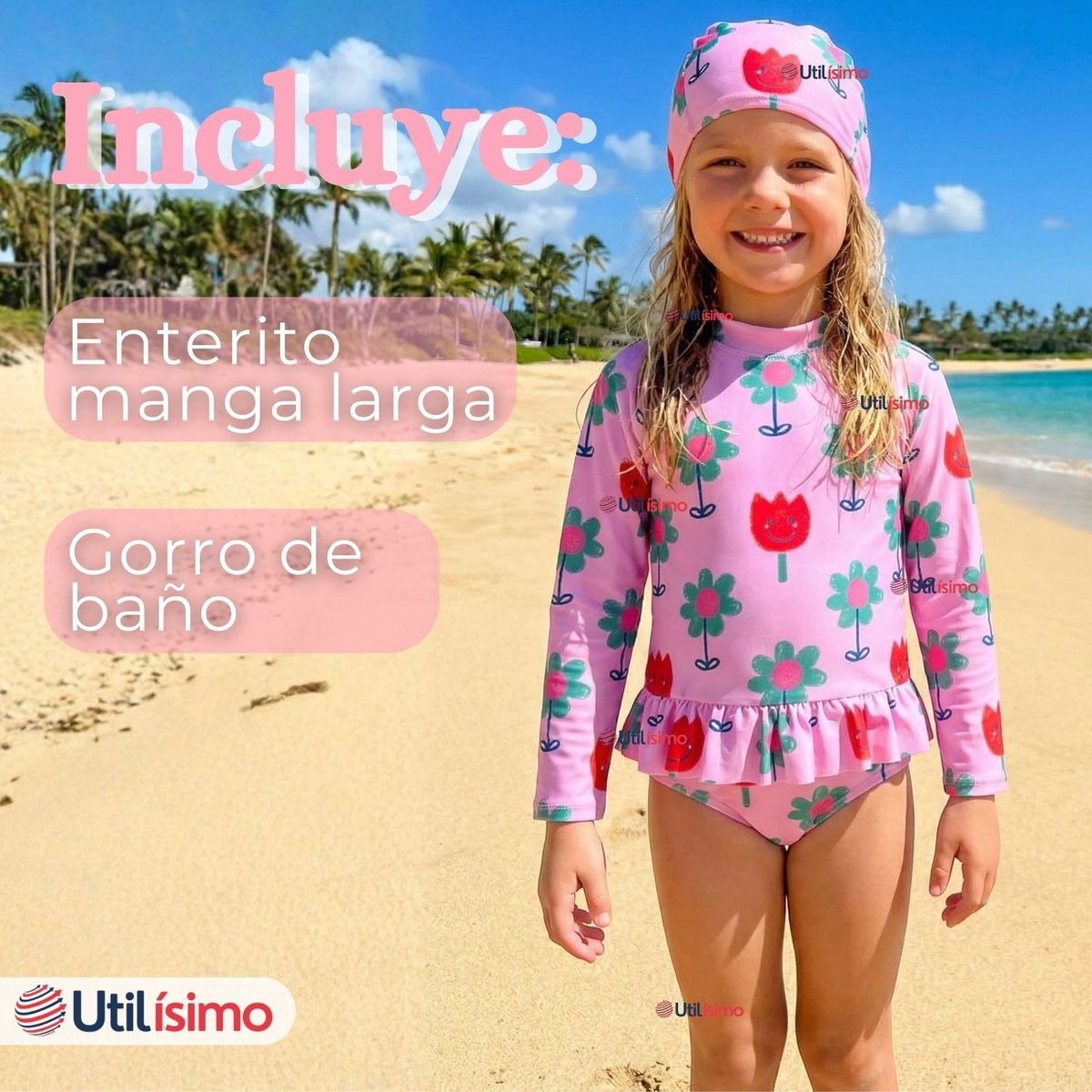 JUMP KIDS - Traje de Baño Enterito Cremallera Manga Larga Con Gorro Niña 1 a 6 años Pink Flowers