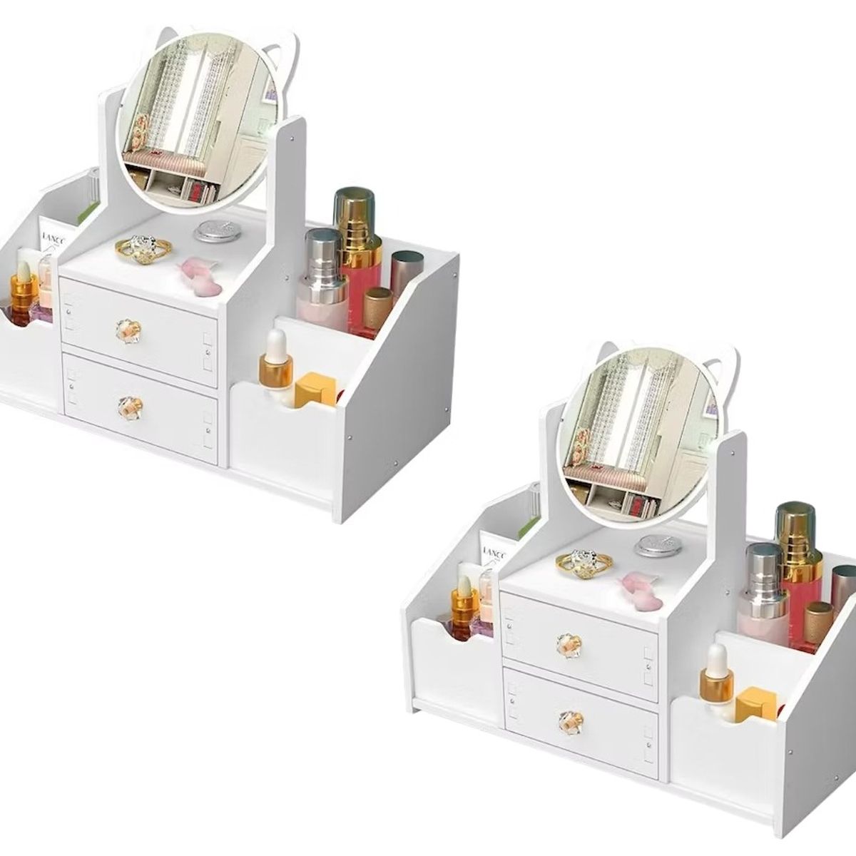 GENERICO - Pack x2 Espejo Organizador con Diseno de Orejas de Gato Tocador con Cajon Ajustable Ideal Regalo