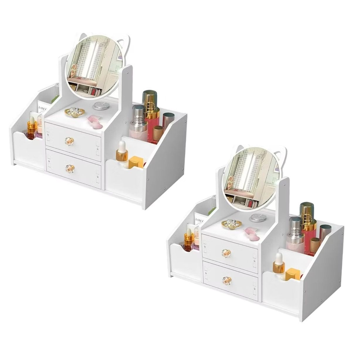 GENERICO - Pack x2 Espejo Organizador con Diseno de Orejas de Gato Tocador con Cajon Ajustable Ideal Regalo