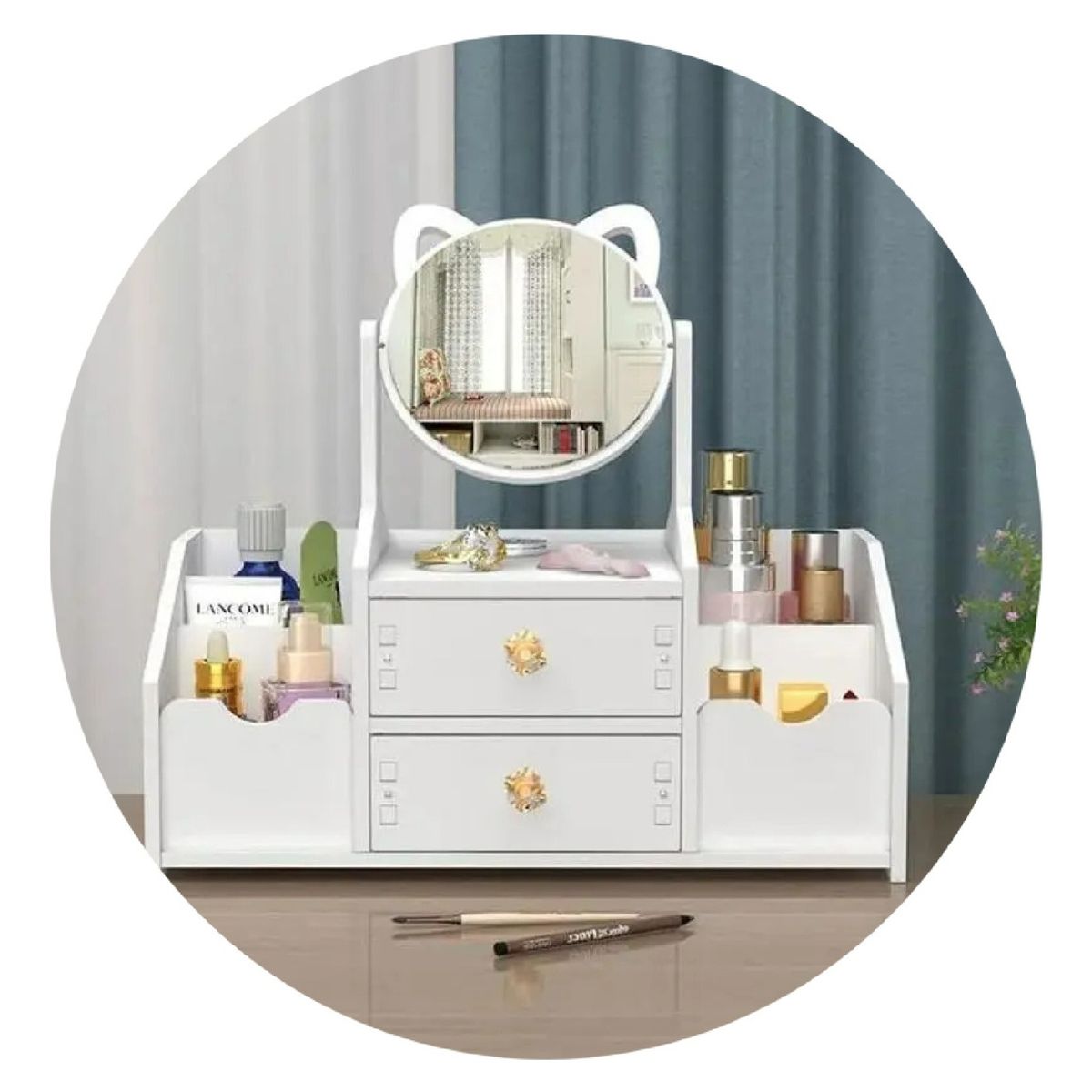 GENERICO - Pack x2 Espejo Organizador con Diseno de Orejas de Gato Tocador con Cajon Ajustable Ideal Regalo