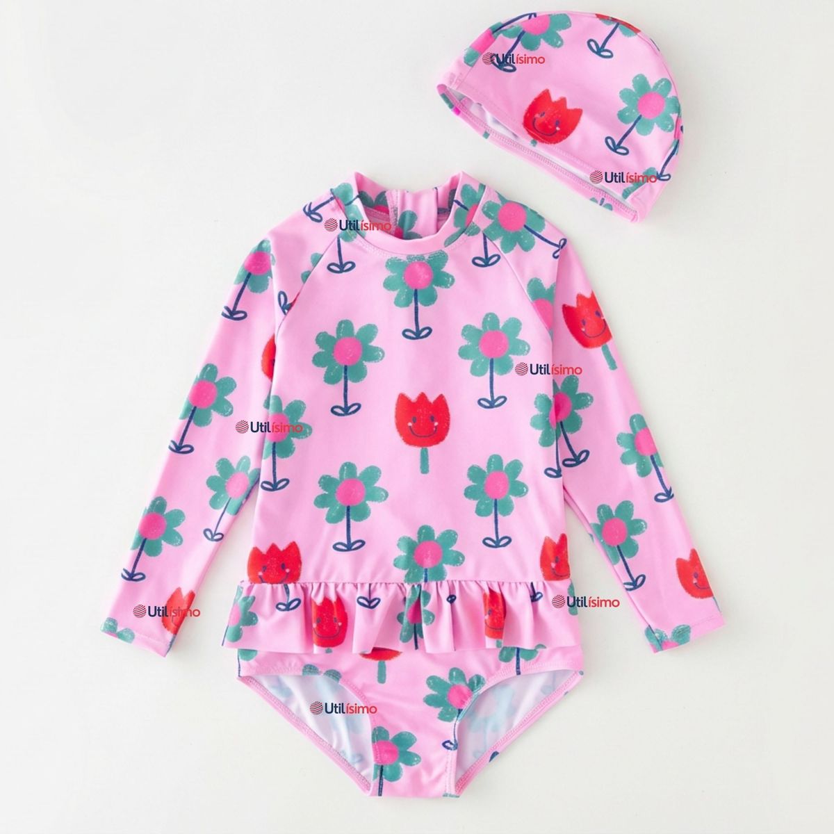 JUMP KIDS - Traje de Baño Enterito Cremallera Manga Larga Con Gorro Niña 1 a 6 años Pink Flowers