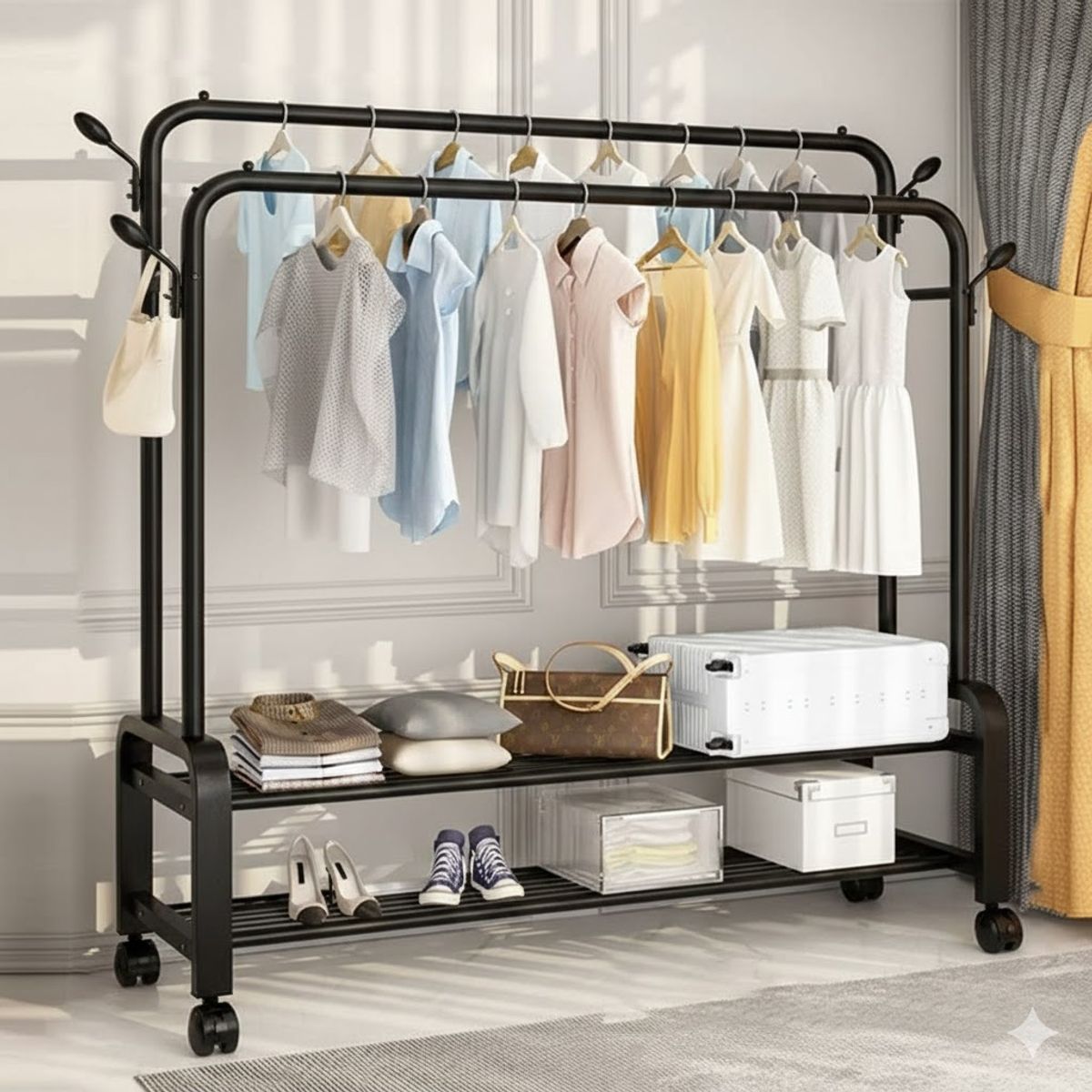 GENERICO - PERCHERO COLGADOR DE ROPA NEGRO DOBLE BARRA 162X150X40 CM SOPORTA 48 KG WM